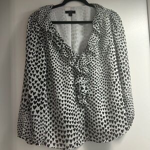 J Crew size Large white long sleeve Polyester deep V neck blouse with hearts!